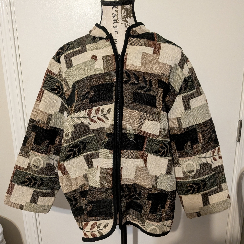 Studio Works BrownTapestry Patchwork Boxy Zip Jacket L Leaves Fall Boho Granny